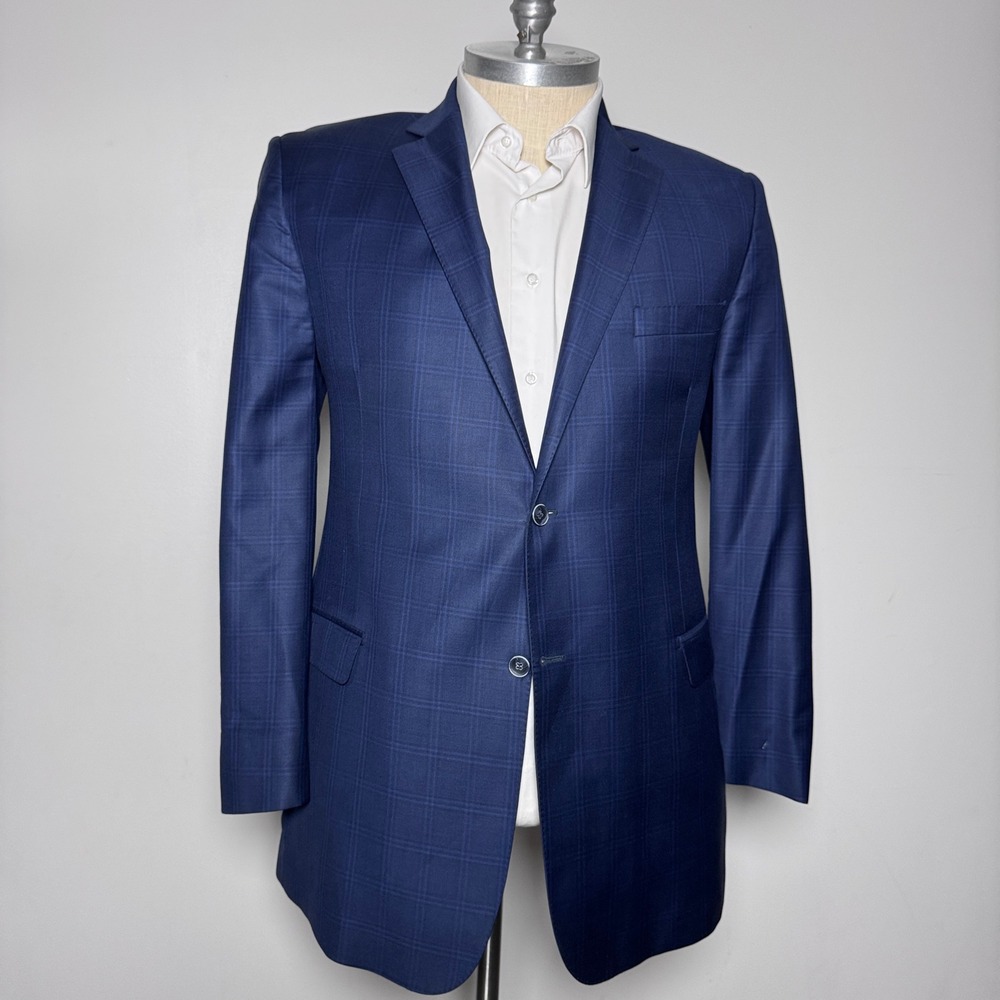 G. Manzoni Blazer Mens 46 Blue Check Reda Super 130s Wool 2-Button Sport Coat
